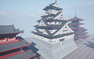中式风格古建筑3D模型寺庙塔楼古代木结构楼房3D创意场景素材